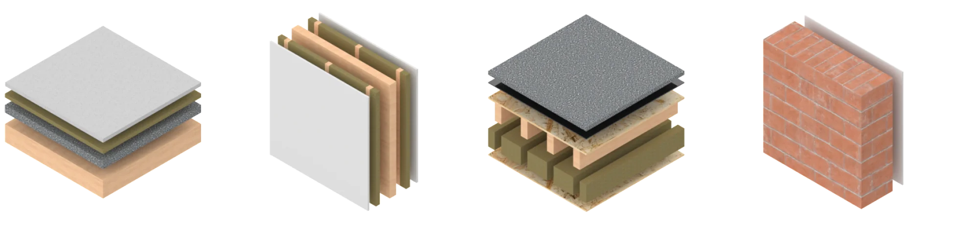Four of the computer's elements as layer stacks: a solid timber ceiling, a solid timber load-bearing wall and a timber air caisson roof, each of several layers, and a honeycomb brick outer wall of brick and plaster.