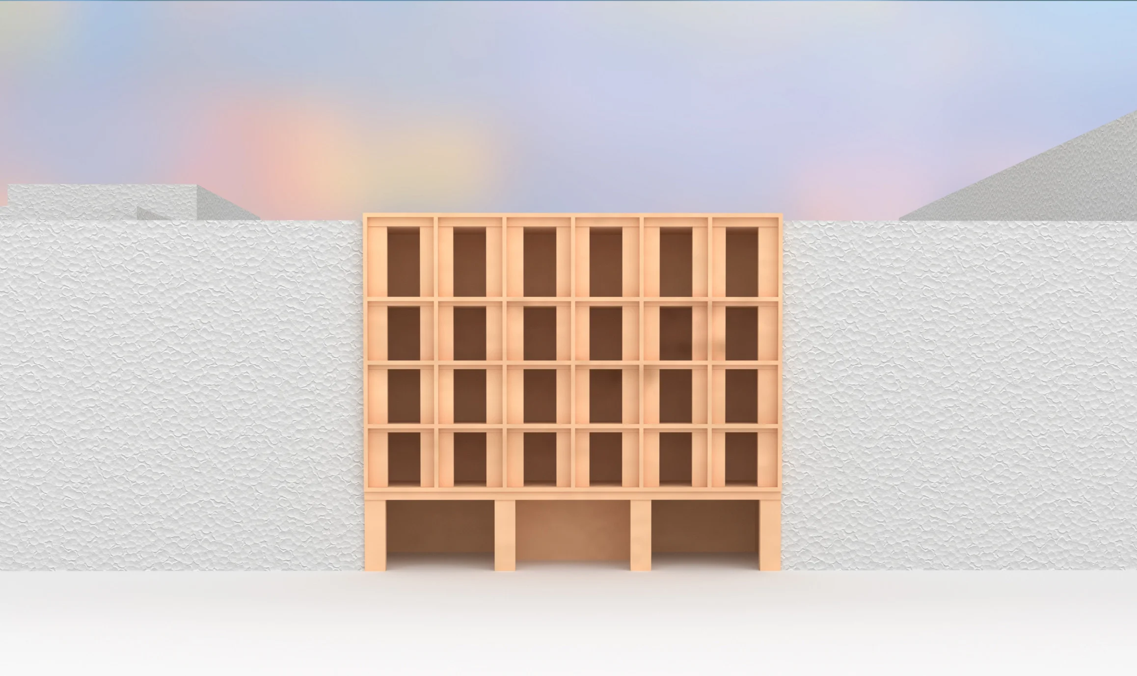 Rendering of the reference building: five storeys in timber, a grid of six bays on four upper floors above a ground floor with three wide openings, set between plain white neighbouring blocks.