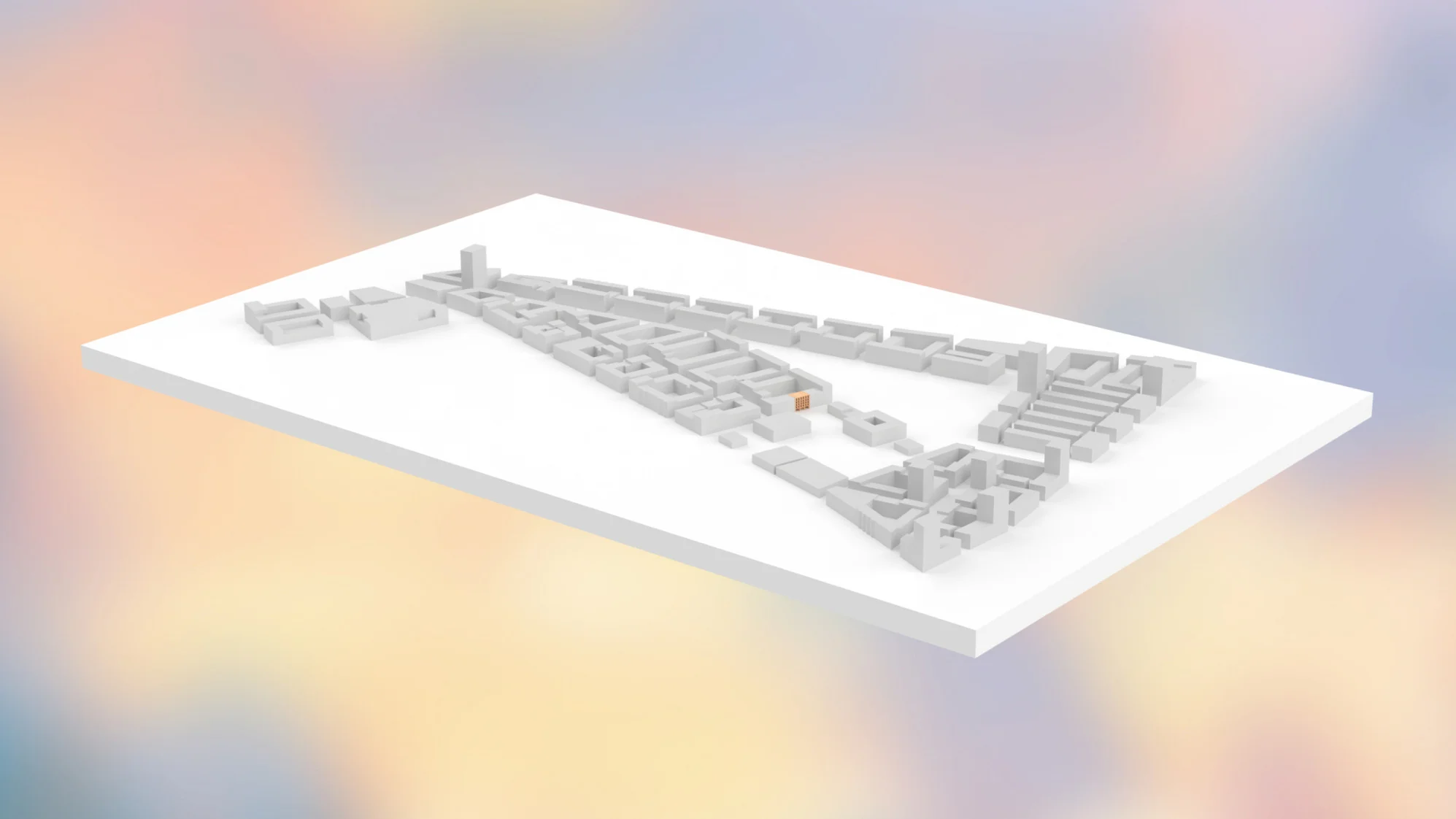 White massing model of the Schumacher Quarter in Berlin-Tegel, a triangular layout of urban blocks, with one building highlighted in orange.